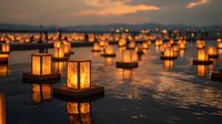 Floating paper lanterns illuminate water surface at sunset creating magical atmosphere for festivals, ceremonies, and spiritual celebrations.