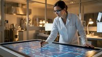 Female scientist in white lab coat analyzing data on interactive touchscreen display in modern laboratory for medical research and technology applications.