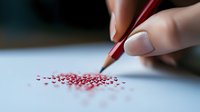 Female hand with manicured nails drawing small red dots on white paper with colored pencil, creating artistic pattern. Close-up view shows delicate detail and precision.