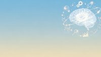 Digital brain with network connections and data analytics icons on gradient blue to beige background for technology and artificial intelligence concepts.