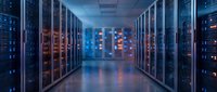 Modern data center server room with rows of network equipment and colorful LED lights for cloud computing and digital infrastructure technology.