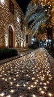 Illuminated stone pathway with fairy lights leading to historic building at night, palm trees and warm lighting create magical outdoor atmosphere.