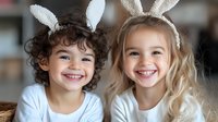 Cheerful diverse children wearing bunny ears headbands smile with genuine joy. Mixed race boy and blonde girl in white outfits share Easter holiday moment.
