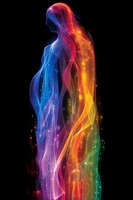 Ethereal silhouette of standing figure created from flowing rainbow light streams and glowing particles against black background, depicting spiritual energy and transformation.
