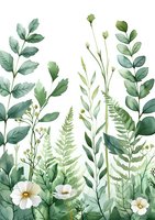 Delicate watercolor botanical composition with white flowers and green foliage on white background. Soft sage and emerald leaves create gentle vertical arrangement.