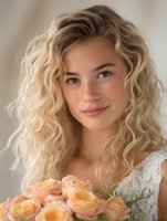 Young Caucasian woman with natural curly blonde hair and gentle smile holding peach roses bouquet, wearing white lace dress. Soft natural lighting creates romantic mood.