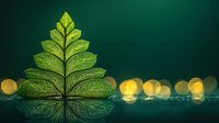 Glowing green fern leaf with detailed vein structure reflected on water surface against dark background with golden bokeh lights.