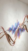 Abstract copper ribbons flowing with colorful sound wave visualization on neutral background for modern digital design projects.