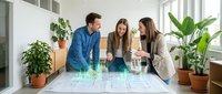 Young diverse business team analyzing holographic data projection in modern office with plants for technology and teamwork presentations.