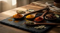Colorful spices and herbs arranged on wooden spoons and slate board, featuring turmeric, paprika, oregano, star anise for culinary cooking and seasoning.