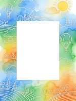 Watercolor landscape frame with white space for text, featuring rolling hills, trees, houses, hot air balloons, sun and clouds in rainbow gradient colors.