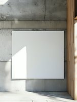 White square canvas mockup on concrete wall with natural sunlight and shadows, wooden accent frame. Modern gallery interior space for art presentation.