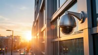Modern security surveillance camera mounted on contemporary office building exterior during golden hour sunset with urban cityscape background for safety monitoring.