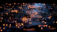 Glowing electronic circuit board with orange light effects and depth of field blur creating futuristic technology pattern against dark background.