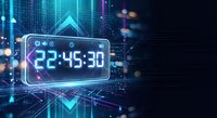 Futuristic digital clock displaying time 22:45:30 with glowing neon effects and circuit board patterns in cyberpunk style technology background.