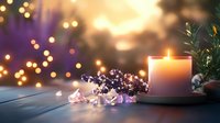 Glowing candle with lavender sprigs on wooden surface against purple bokeh background creates serene spa atmosphere. Perfect for wellness and relaxation designs.