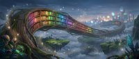 Fantasy rainbow bridge connecting floating islands in magical sky with glowing lights and mystical atmosphere for gaming and storytelling concepts.