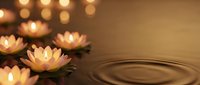 Serene spa scene with floating lotus flowers on water creating gentle ripples, warm golden bokeh lights creating peaceful meditation atmosphere.