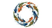 Colorful koi fish swimming in circular formation with watercolor splashes on white background for Asian-inspired designs and decorative projects.