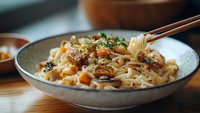 Asian noodles with shrimp and mushrooms in ceramic bowl, garnished with green onions and sesame seeds, chopsticks lifting noodles, moody restaurant lighting.