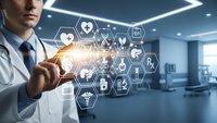 Doctor touching digital healthcare icons in modern medical facility with futuristic technology interface for telemedicine and patient care solutions.