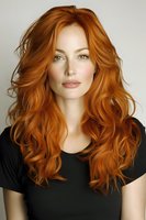 Young woman with vibrant copper red wavy hair wearing black t-shirt against neutral background, natural makeup and fresh complexion for beauty and fashion content.