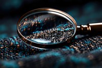 Magnifying glass examining digital binary code pattern on dark background with dramatic blue lighting, concept of cybersecurity and data analysis.