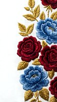 Embroidered floral pattern with red roses and blue peonies on white fabric. Traditional needlework design for textile decoration and fashion applications.