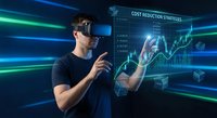 Young Caucasian businessman using VR headset analyzing financial data and cost reduction strategies on holographic interface in futuristic environment.