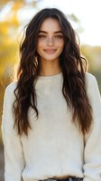 Young Hispanic woman with long wavy brown hair wearing cream knit sweater smiling outdoors in warm golden sunlight for lifestyle and fashion content.