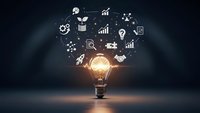 Glowing light bulb with business icons floating above on dark background representing innovation, creativity and strategic thinking for corporate solutions.