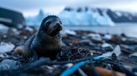 Young fur seal pup resting on rocky Antarctic beach with snow-capped mountains in background, dramatic moody lighting creates atmospheric wildlife scene.