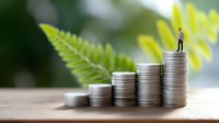 Business growth concept shown through ascending stacks of silver coins with miniature businessman figure standing on top, green fern leaves in soft focus background.