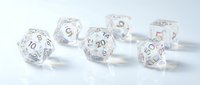 Clear transparent polyhedral dice set with rainbow holographic numbers for tabletop gaming and role-playing adventures on white background.