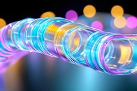 Glowing transparent tube with neon blue and purple light effects against dark background with colorful bokeh circles creating futuristic atmosphere.