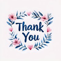 Watercolor floral wreath with navy blue text "Thank You" surrounded by pink flowers, hearts and indigo leaves on light background for greeting cards and invitations.