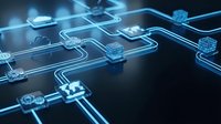 Digital network circuit board with glowing blue connections and microchips showing data flow and electronic pathways for technology concepts.
