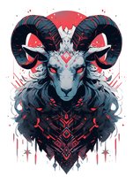 Mystical ram with curved horns against red background, featuring geometric patterns and symbolic elements for fantasy art, gaming, or tattoo design.
