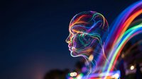 Colorful neon brain silhouette with rainbow light trails on dark background representing artificial intelligence, creativity and mental processes.