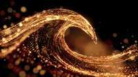 Golden glowing wave of particles flowing in smooth motion against dark background, suitable for luxury, technology, and abstract design projects.