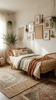 Cozy boho bedroom interior with rattan bed, gallery wall, hanging plants and warm neutral tones for modern home decor and lifestyle design.
