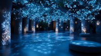 Magical night garden scene with glowing cherry blossoms and hanging lanterns casting ethereal blue reflections on polished floor surface. Dreamy illuminated space.