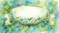 Vintage banner with ornamental foliage and watercolor background in green and blue tones, isolated on white for design projects.