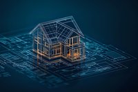Glowing wireframe house model on architectural blueprint background with digital grid lines in dark blue tones, representing modern construction technology.