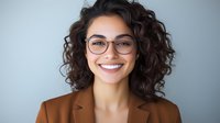 Young Hispanic businesswoman with curly dark hair and glasses wearing brown blazer smiling confidently against light background, professional headshot portrait.