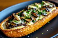 Grilled mushroom and melted cheese open sandwich on toasted baguette garnished with fresh herbs, served on dark plate. Close-up food photography.