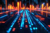 Futuristic digital data visualization with glowing blue and orange light streams representing technology network and information flow.