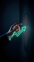 Businessman hand holding glowing green neon upward arrow symbol on dark background, representing growth, success, and financial progress for business and marketing concepts.