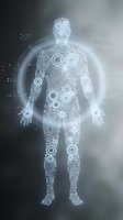 Digital human figure composed of glowing circuit board patterns and mechanical gears, representing artificial intelligence, technology integration, and futuristic innovation for tech industry applications.