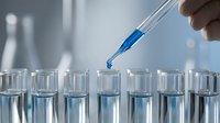 Laboratory scientist conducting chemical analysis with pipette dropping blue solution into test tubes for research and experimentation in modern lab setting.